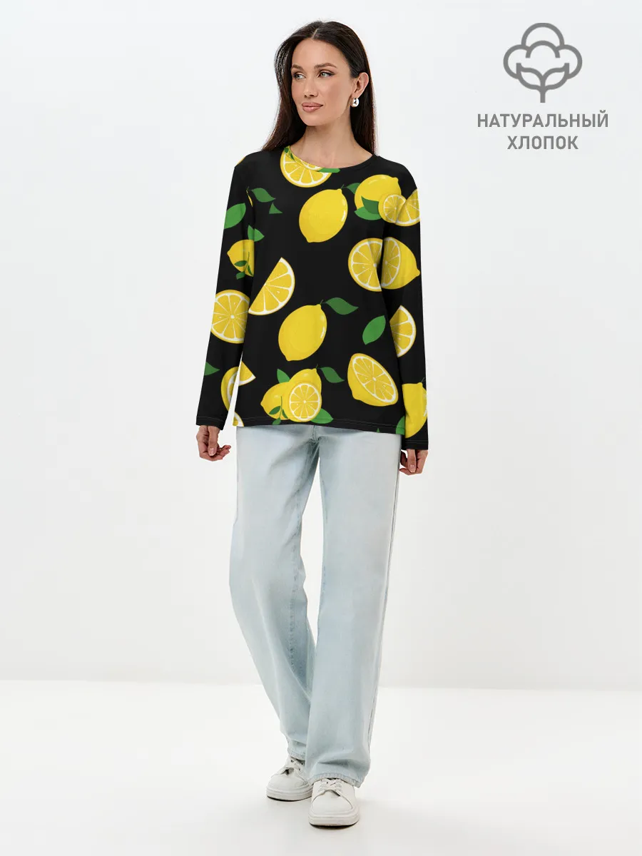 Лонгслив женский. Хлопок / Лимоны на чёрном