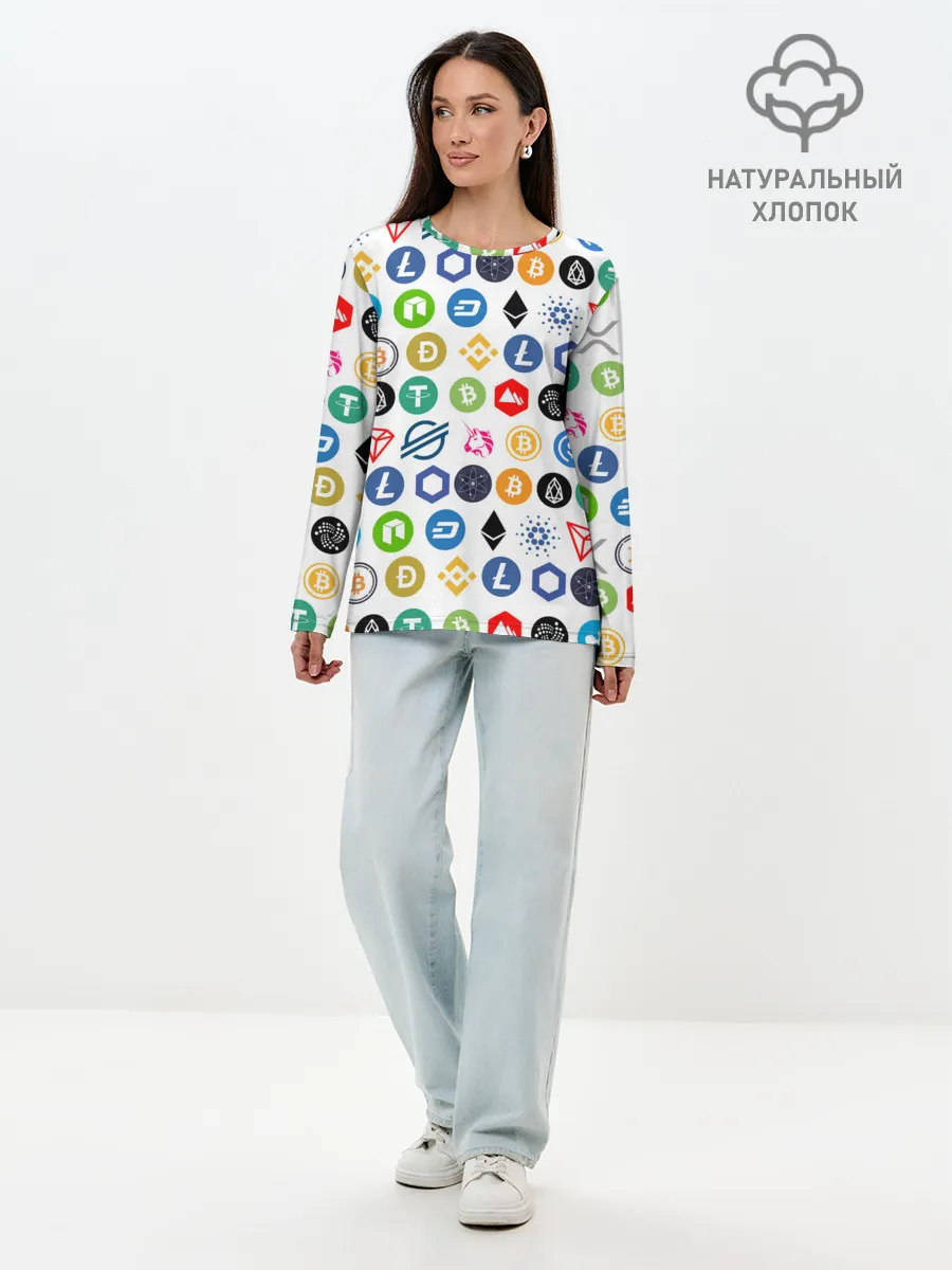 Лонгслив женский. Хлопок / BITCOIN PATTERN | БИТКОИН
