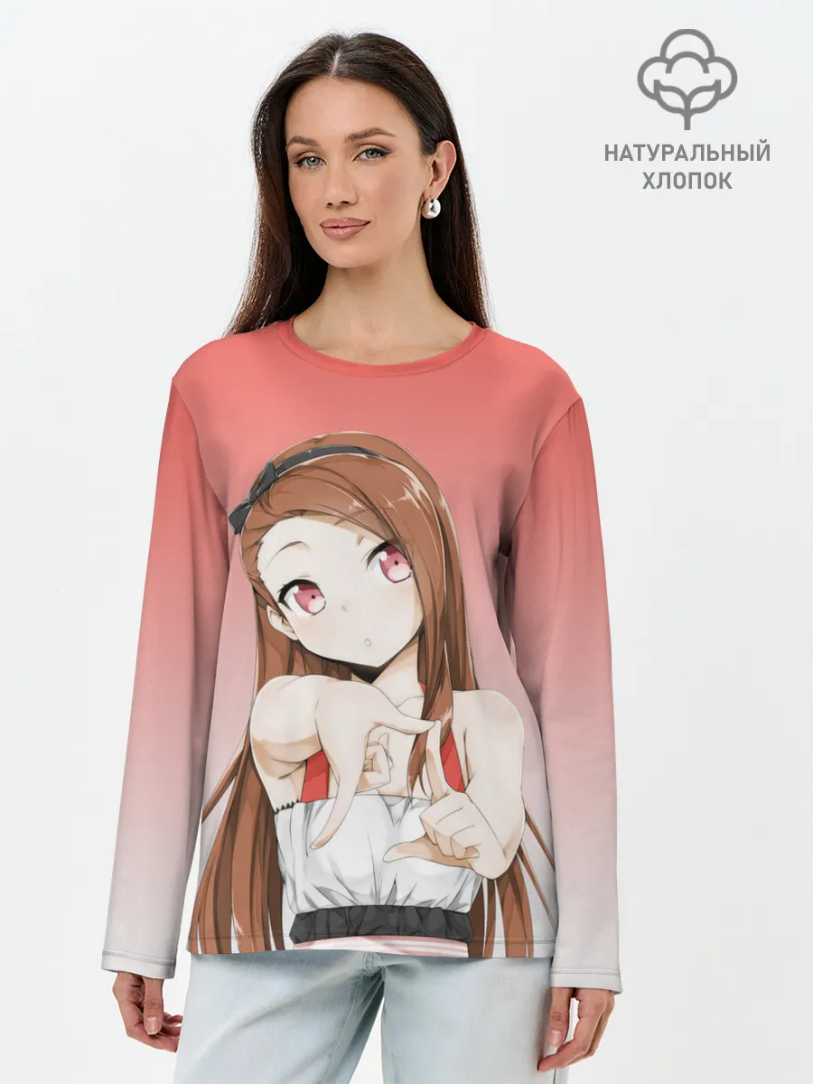 Лонгслив женский. Хлопок / девушка ищет кадр измеряет