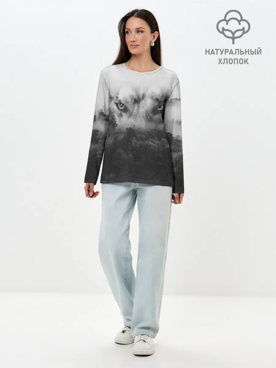 Лонгслив женский. Хлопок / Волк в лесу