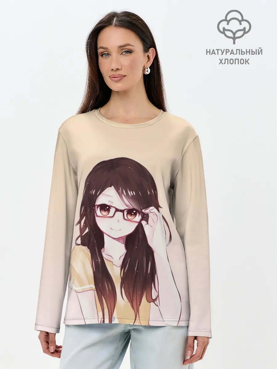 Лонгслив женский. Хлопок / девочка в очках милая