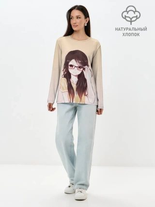 Лонгслив женский. Хлопок / девочка в очках милая