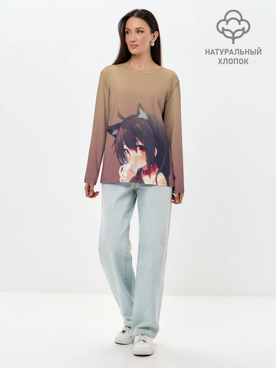Лонгслив женский. Хлопок / девочка ушки кофе