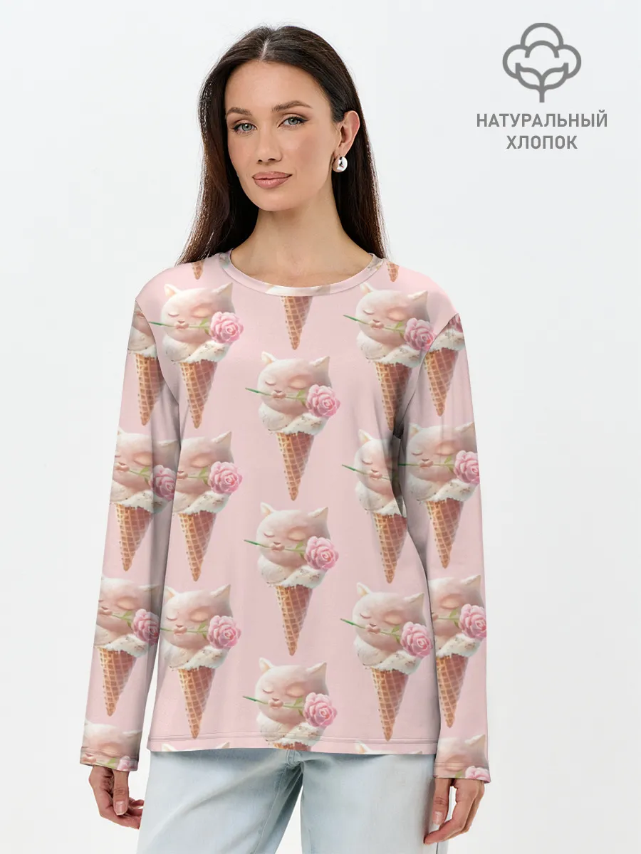 Лонгслив женский. Хлопок / Мороженное | Кошечки
