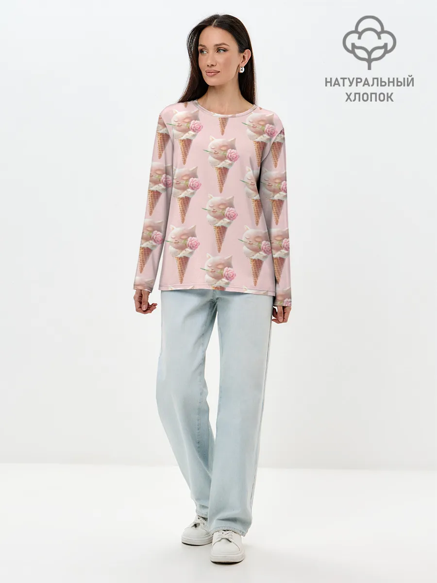 Лонгслив женский. Хлопок / Мороженное | Кошечки