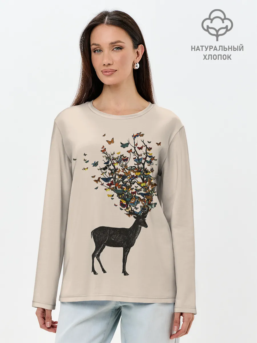 Лонгслив женский. Хлопок / Олени с рогами из бабочек