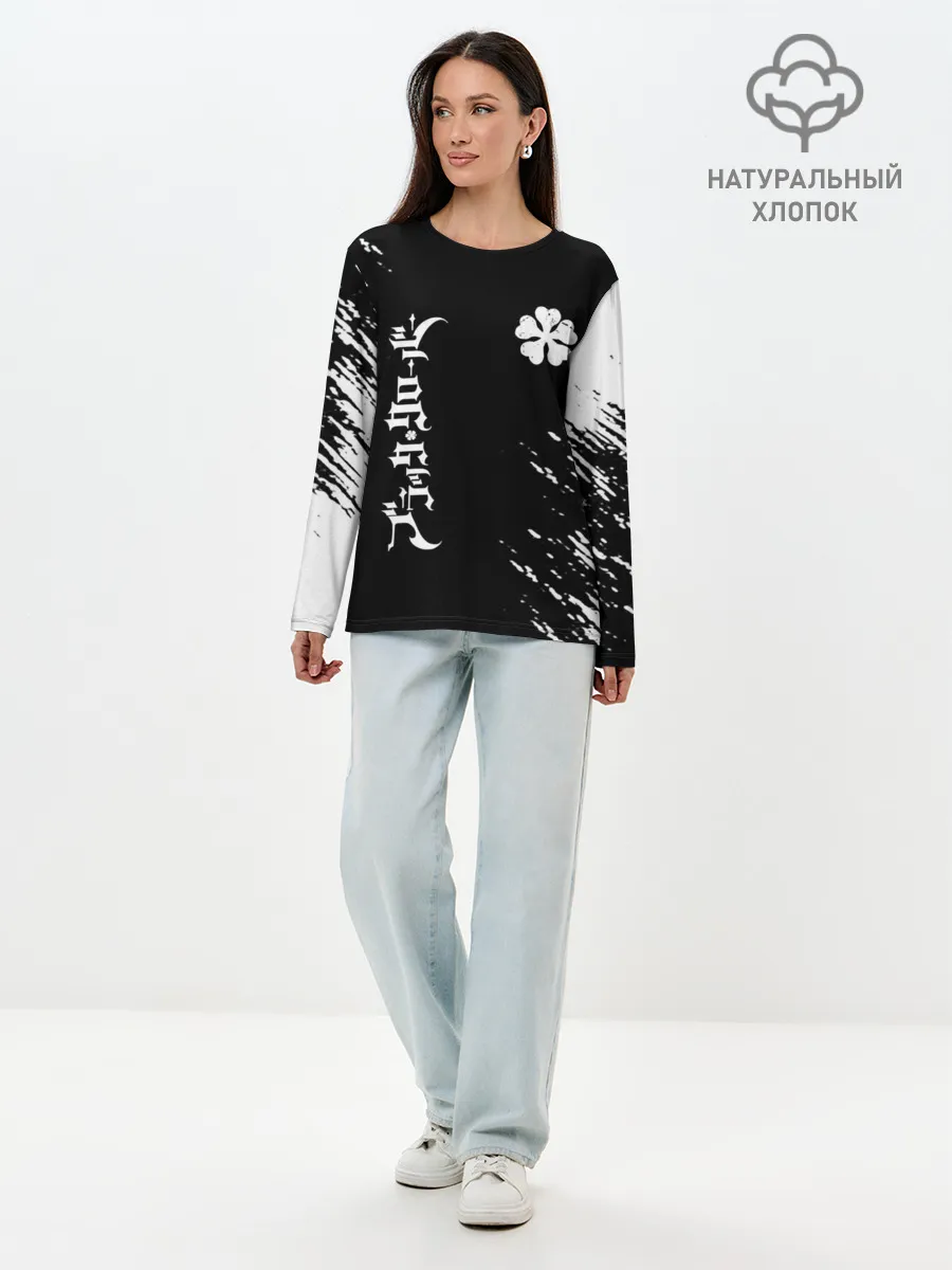 Лонгслив женский. Хлопок / Белый логотип Черный клевер на черном