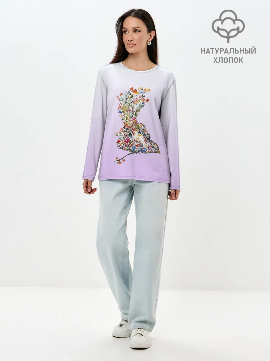 Лонгслив женский. Хлопок / акварельная птичка