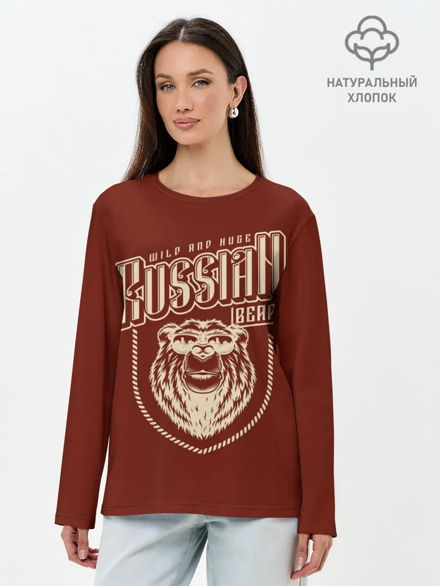 Лонгслив женский. Хлопок / Русский медведь в очках