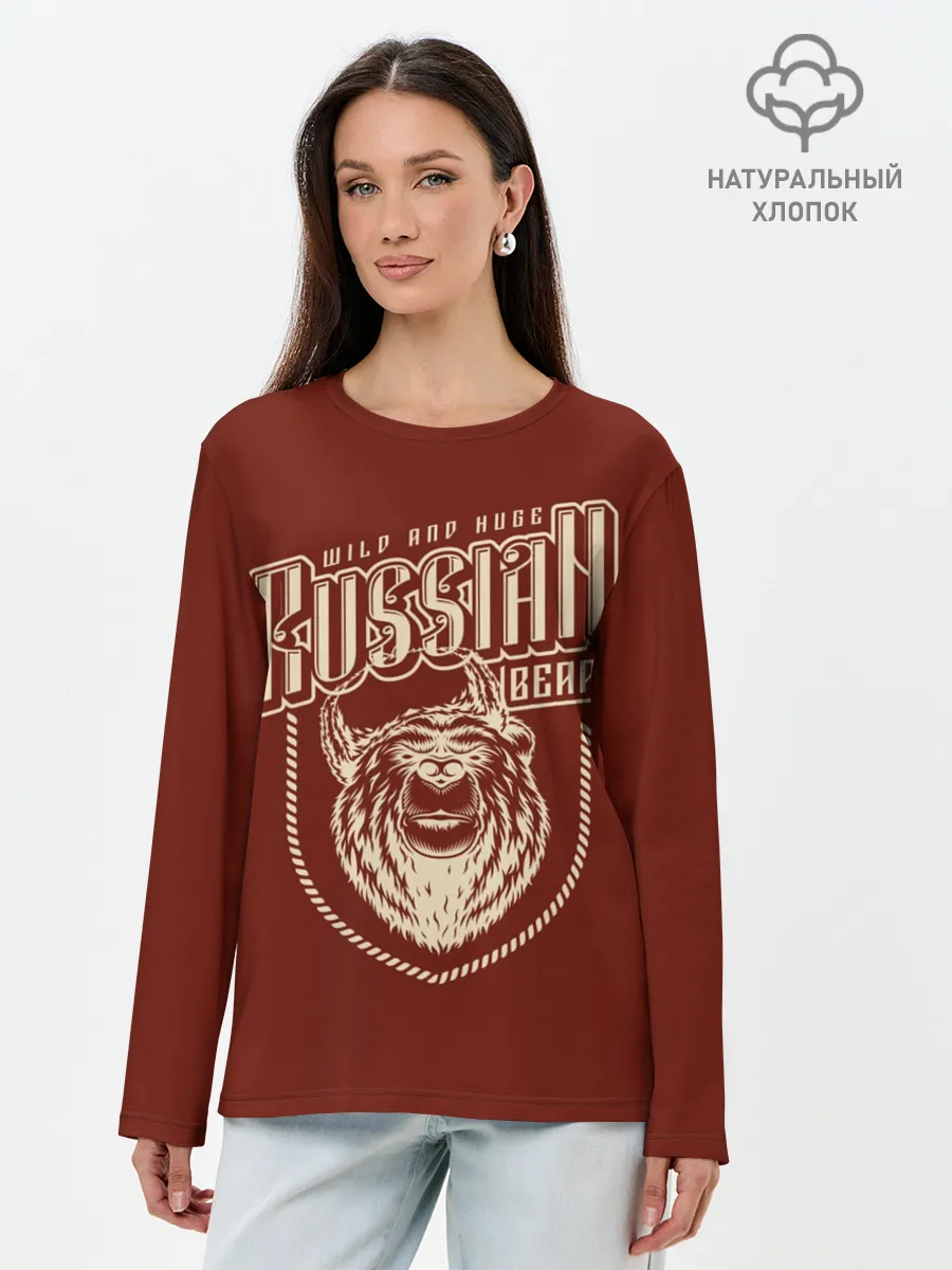 Лонгслив женский. Хлопок / Русский медведь в шапке