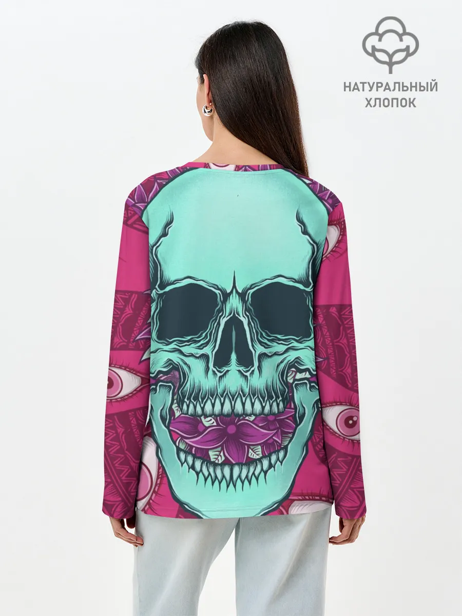 Лонгслив женский. Хлопок / Череп в цветах