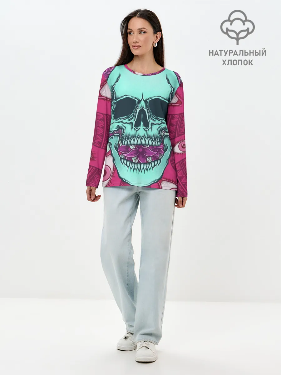 Лонгслив женский. Хлопок / Череп в цветах