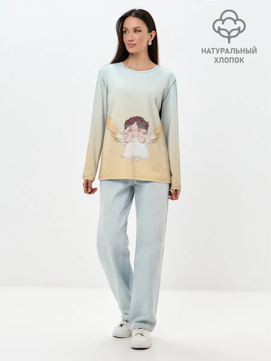 Лонгслив женский. Хлопок / акварельный ангелок