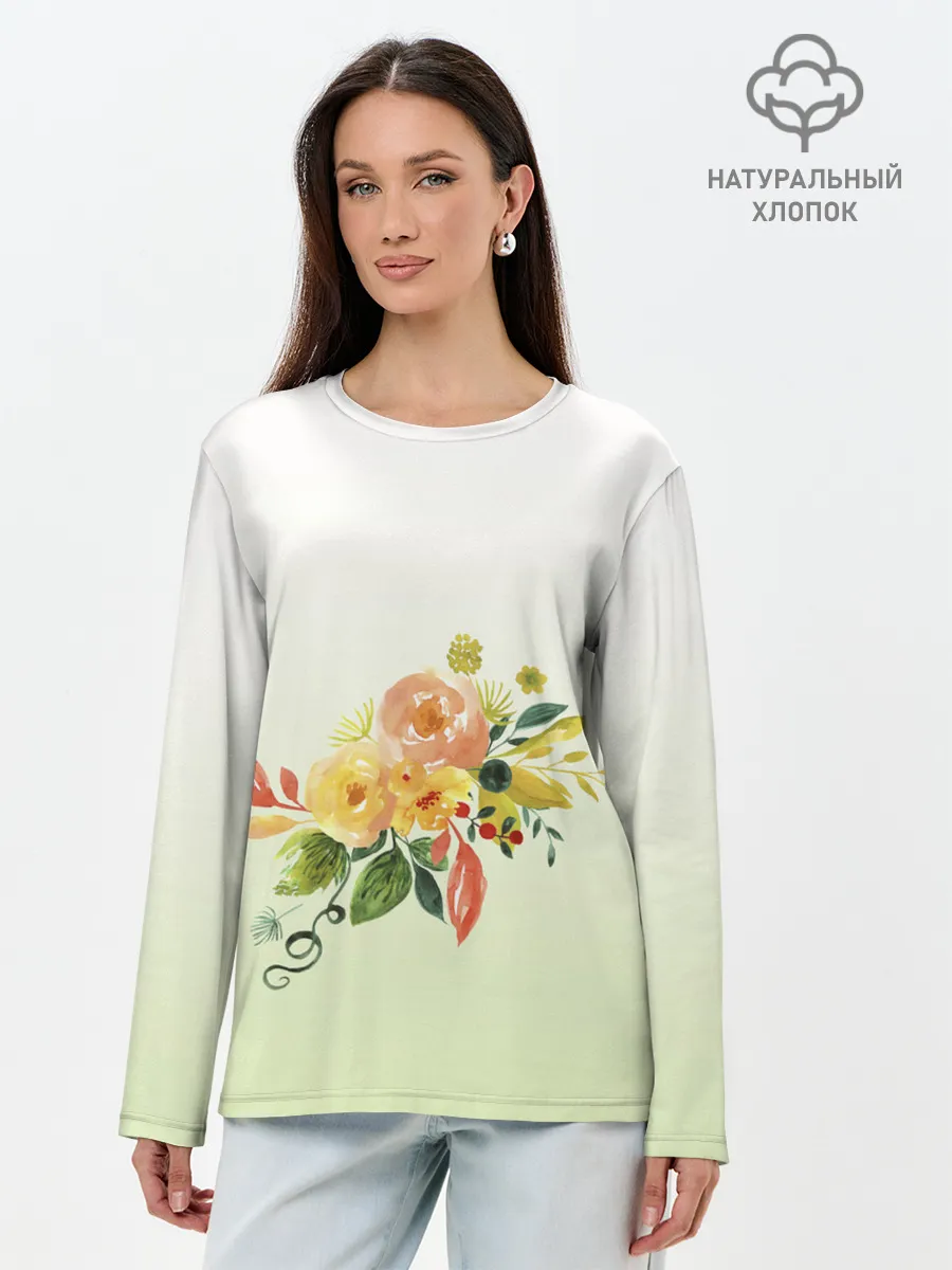 Лонгслив женский. Хлопок / букет рисунок
