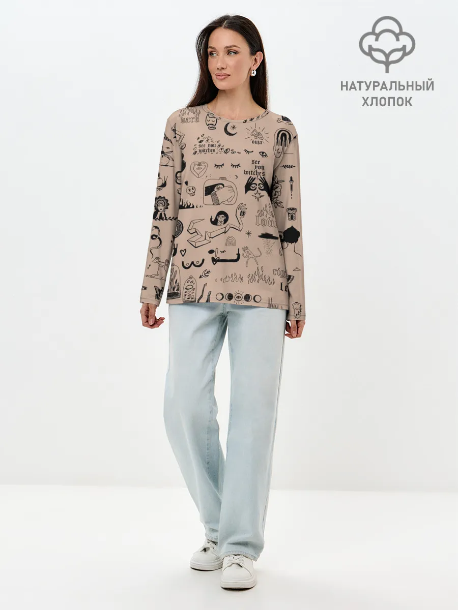 Лонгслив женский. Хлопок / принт в стиле тату