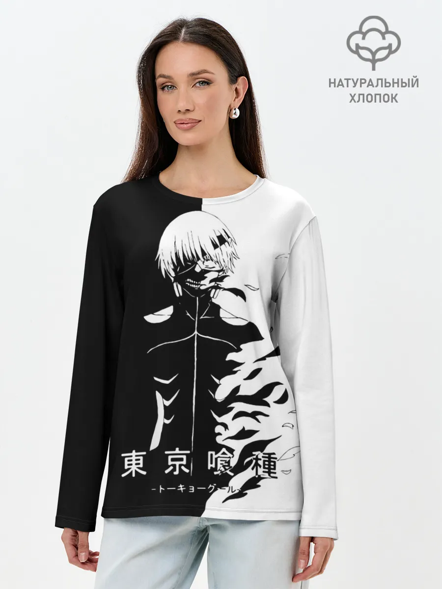 Лонгслив женский. Хлопок / Токийский гуль черно белый Кен