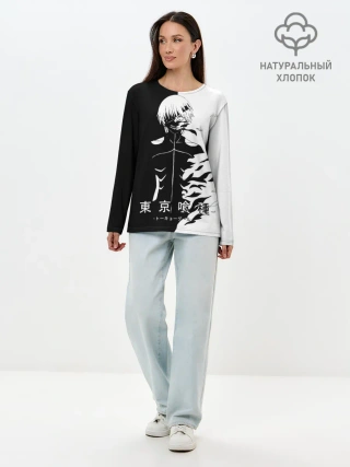 Лонгслив женский. Хлопок / Токийский гуль черно белый Кен