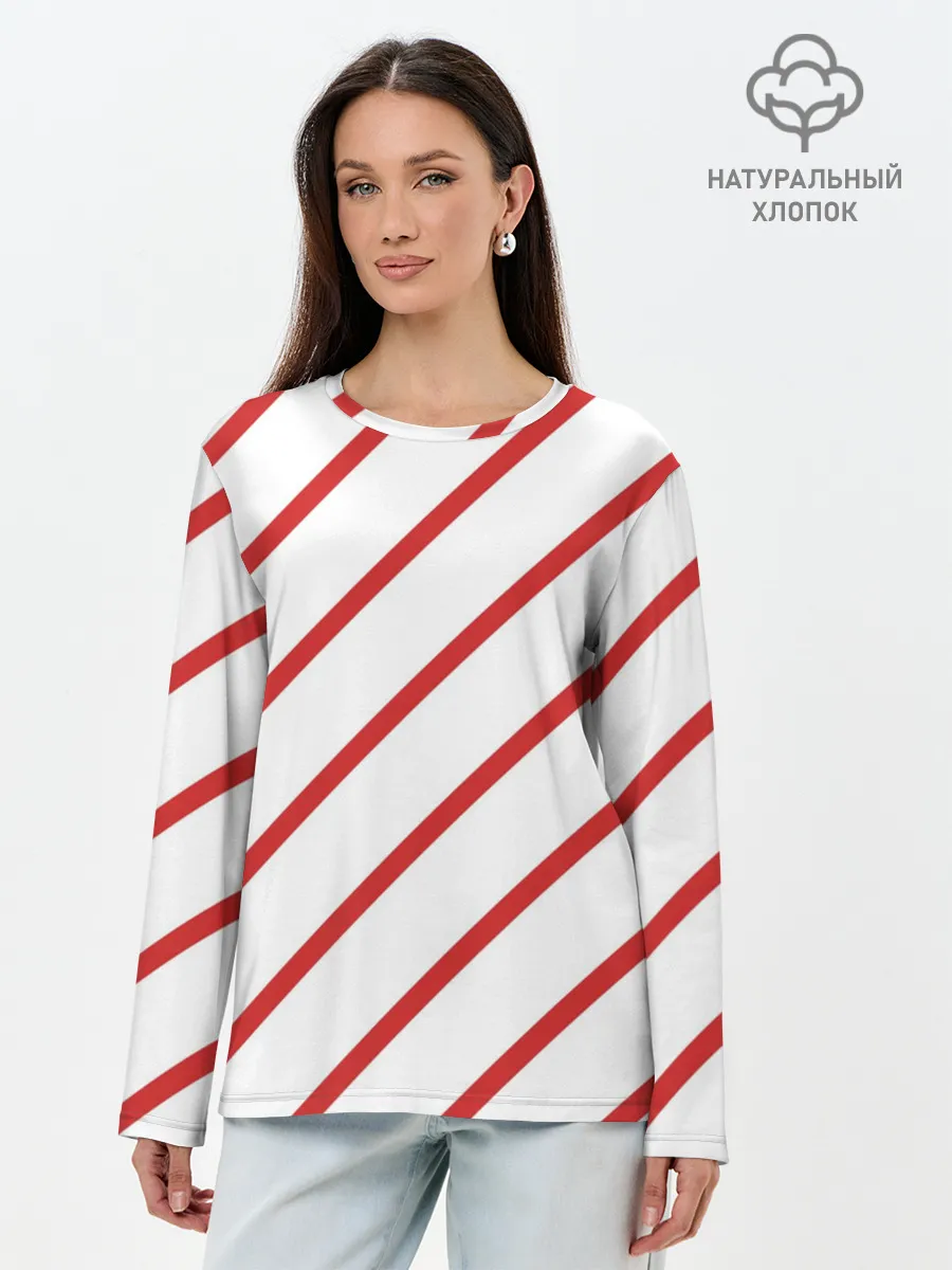 Лонгслив женский. Хлопок / Полосы красные на белом