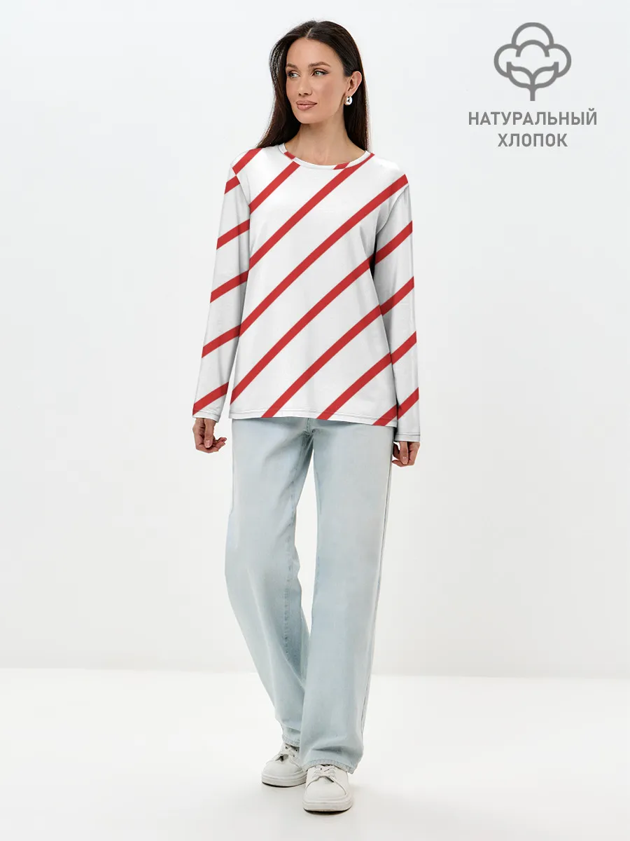Лонгслив женский. Хлопок / Полосы красные на белом