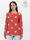 Лонгслив женский. Хлопок / Сердечки на красном паттерн