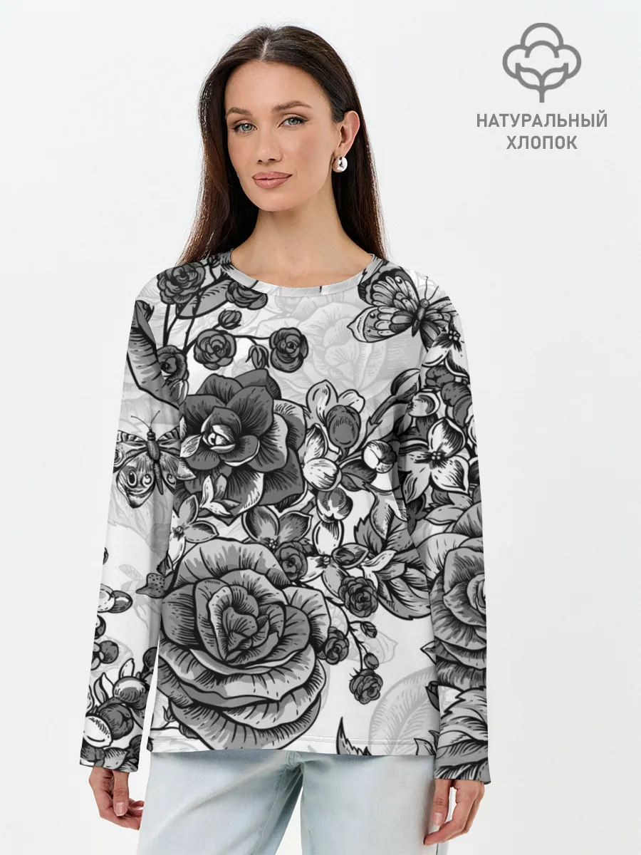 Лонгслив женский. Хлопок / РОЗЫ | ROSES | БАБОЧКИ