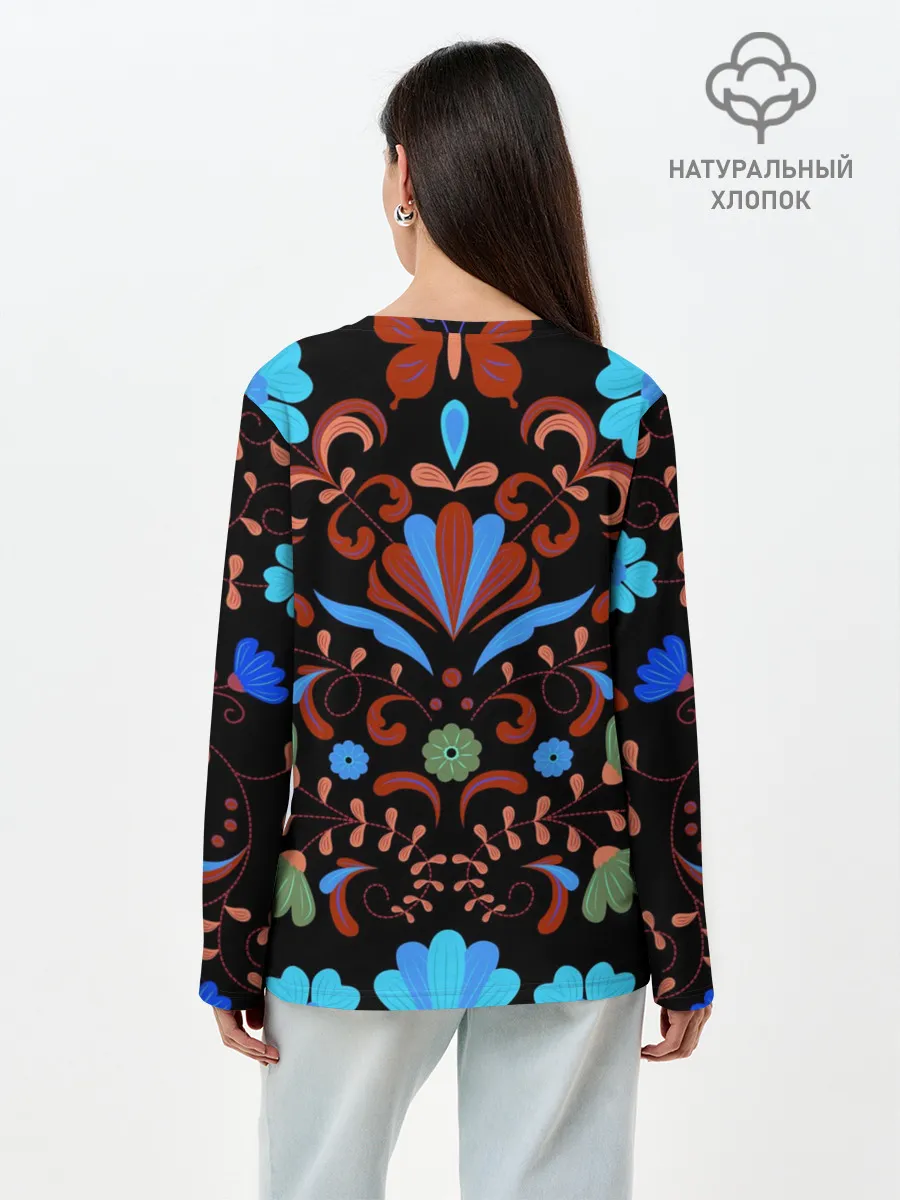 Лонгслив женский. Хлопок / РОСПИСЬ ЦВЕТАМИ