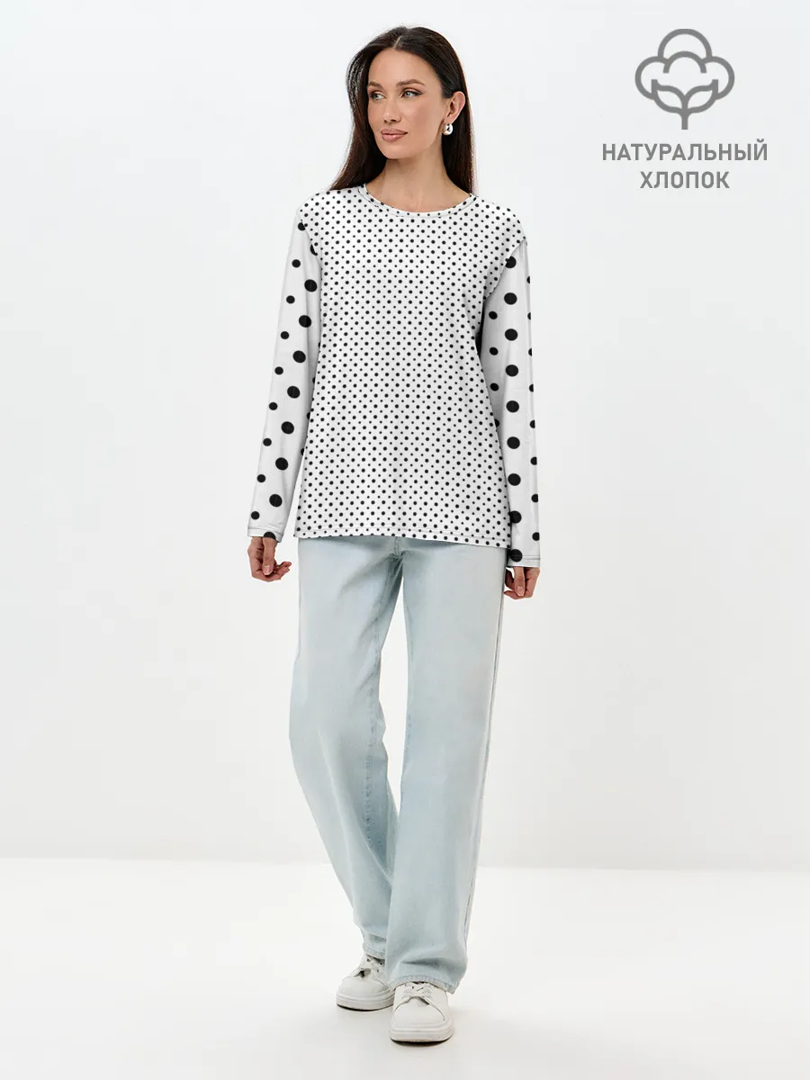 Лонгслив женский. Хлопок / Точки черные на белом