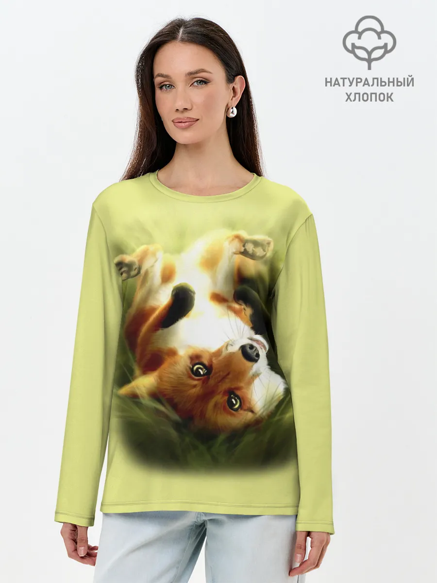 Лонгслив женский. Хлопок / Лиса на траве