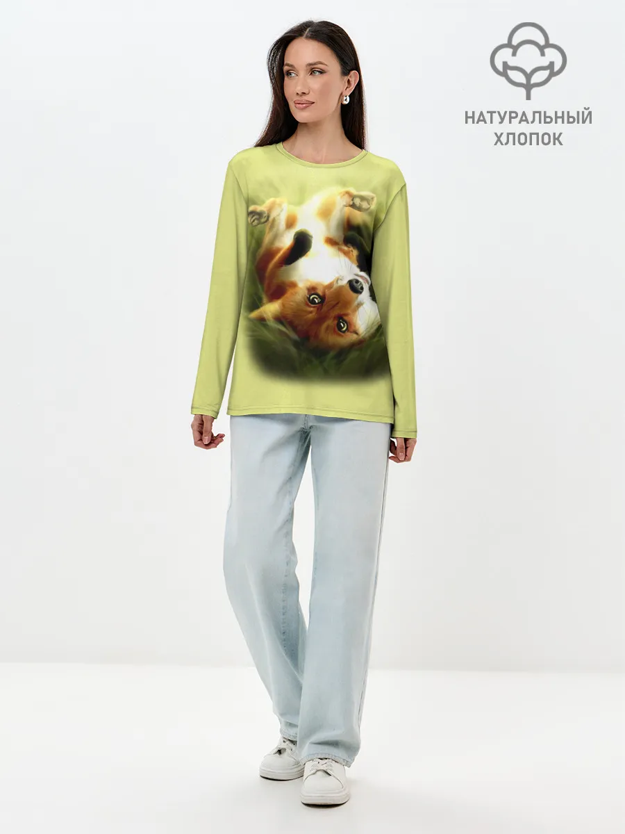 Лонгслив женский. Хлопок / Лиса на траве