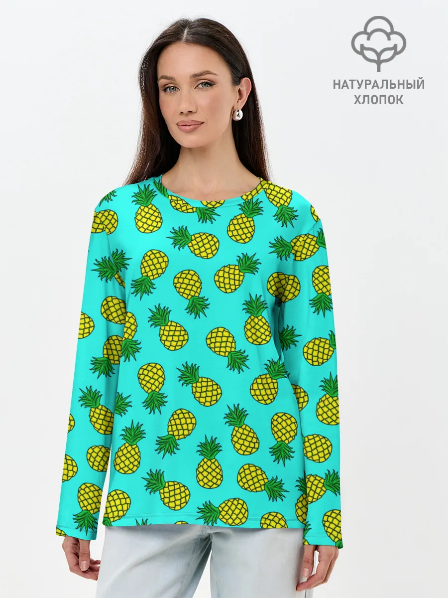 Лонгслив женский. Хлопок / Ананасы аква