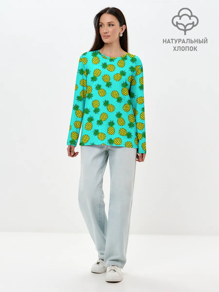 Лонгслив женский. Хлопок / Ананасы аква