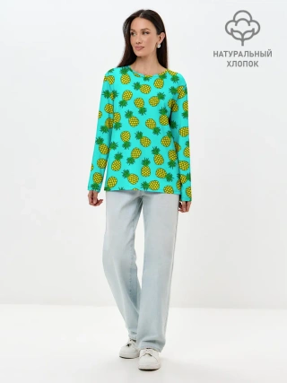 Лонгслив женский. Хлопок / Ананасы аква