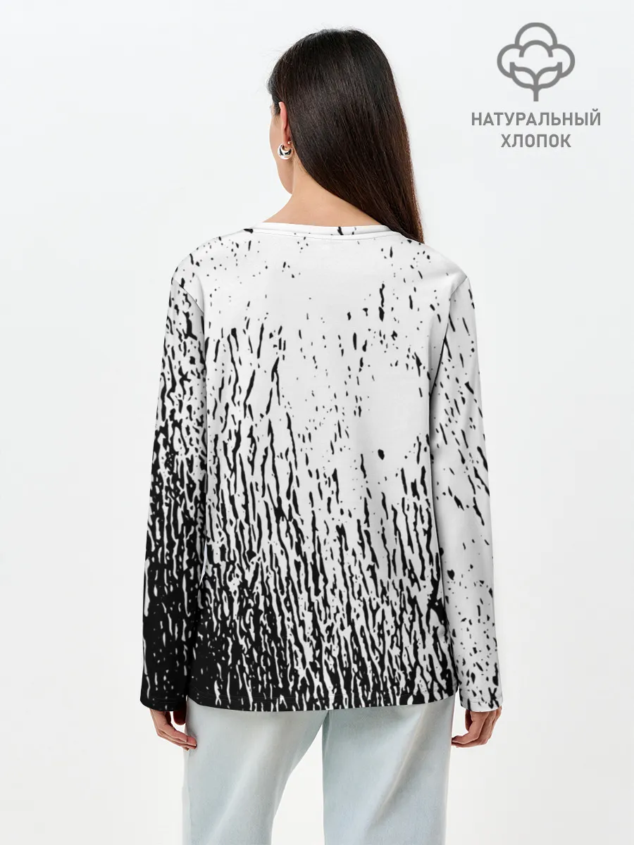 Лонгслив женский. Хлопок / Черный клевер на едко белом фоне