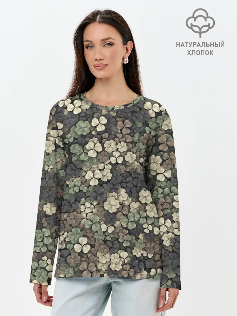Лонгслив женский. Хлопок / Камуфляж с клевером