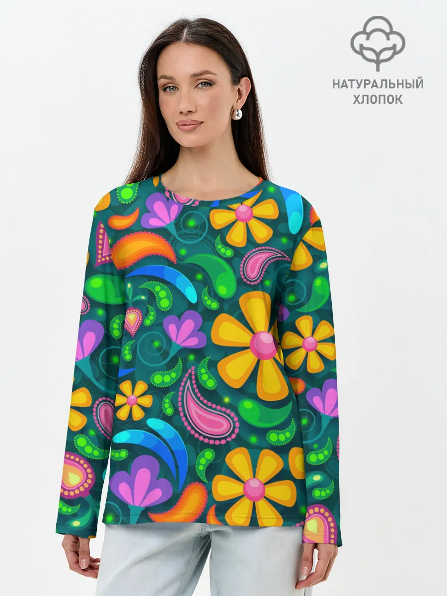 Лонгслив женский. Хлопок / ЯРКИЕ ЦВЕТЫ
