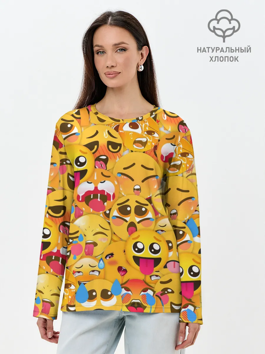 Лонгслив женский. Хлопок / Ахегао эмодзи паттерн