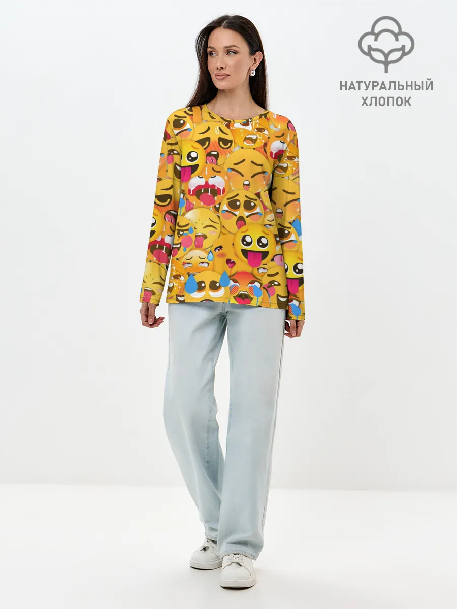 Лонгслив женский. Хлопок / Ахегао эмодзи паттерн