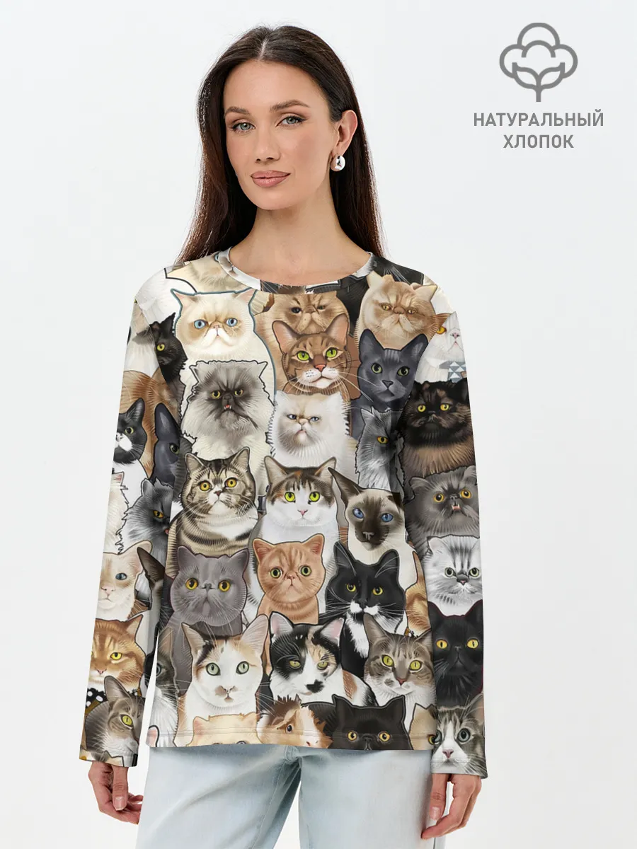 Лонгслив женский. Хлопок / Котики смешные