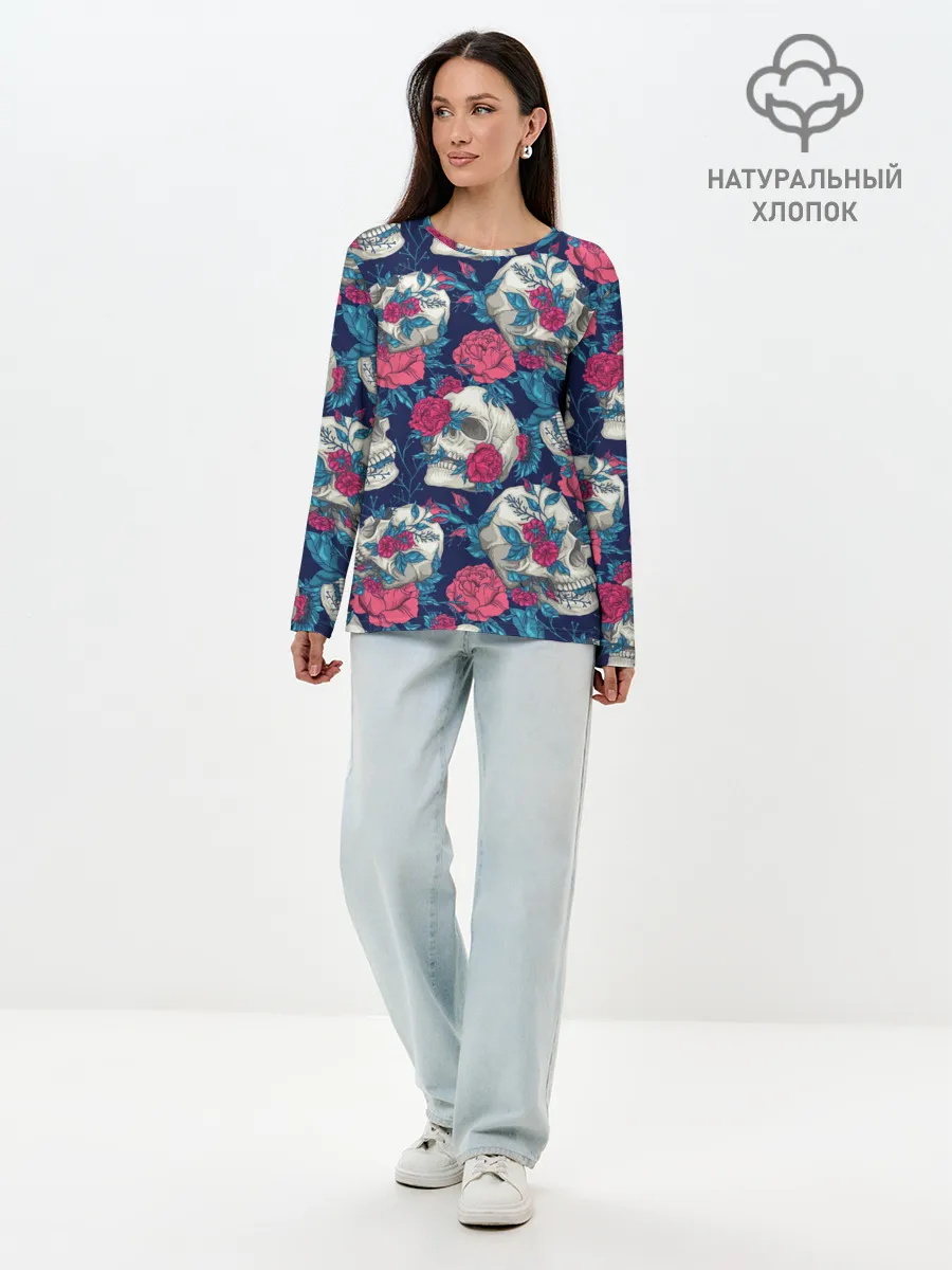 Лонгслив женский. Хлопок / Реалистичные черепа с розами