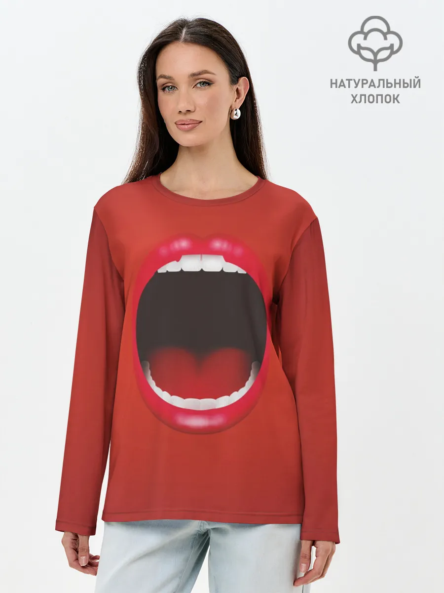 Лонгслив женский. Хлопок / Губы с языком