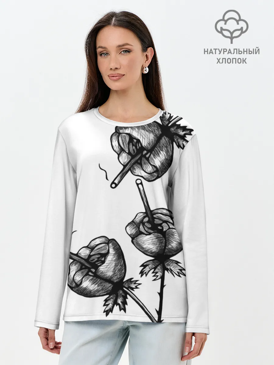Лонгслив женский. Хлопок / Дымящие розы