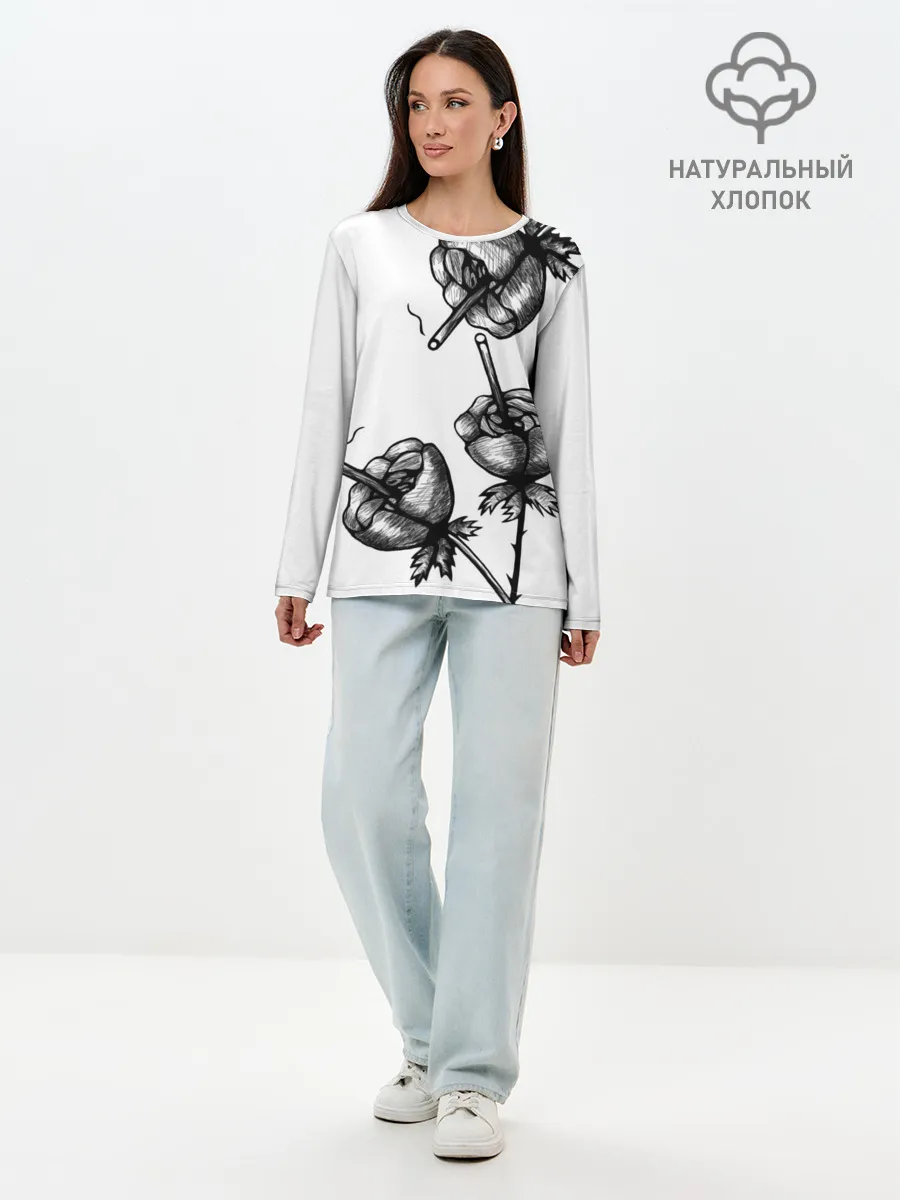 Лонгслив женский. Хлопок / Дымящие розы