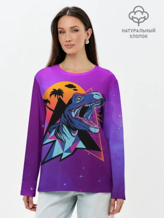 Лонгслив женский. Хлопок / Retrowave Neon Dinosaur