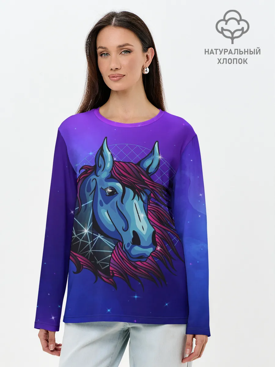 Лонгслив женский. Хлопок / Retrowave Neon Horse