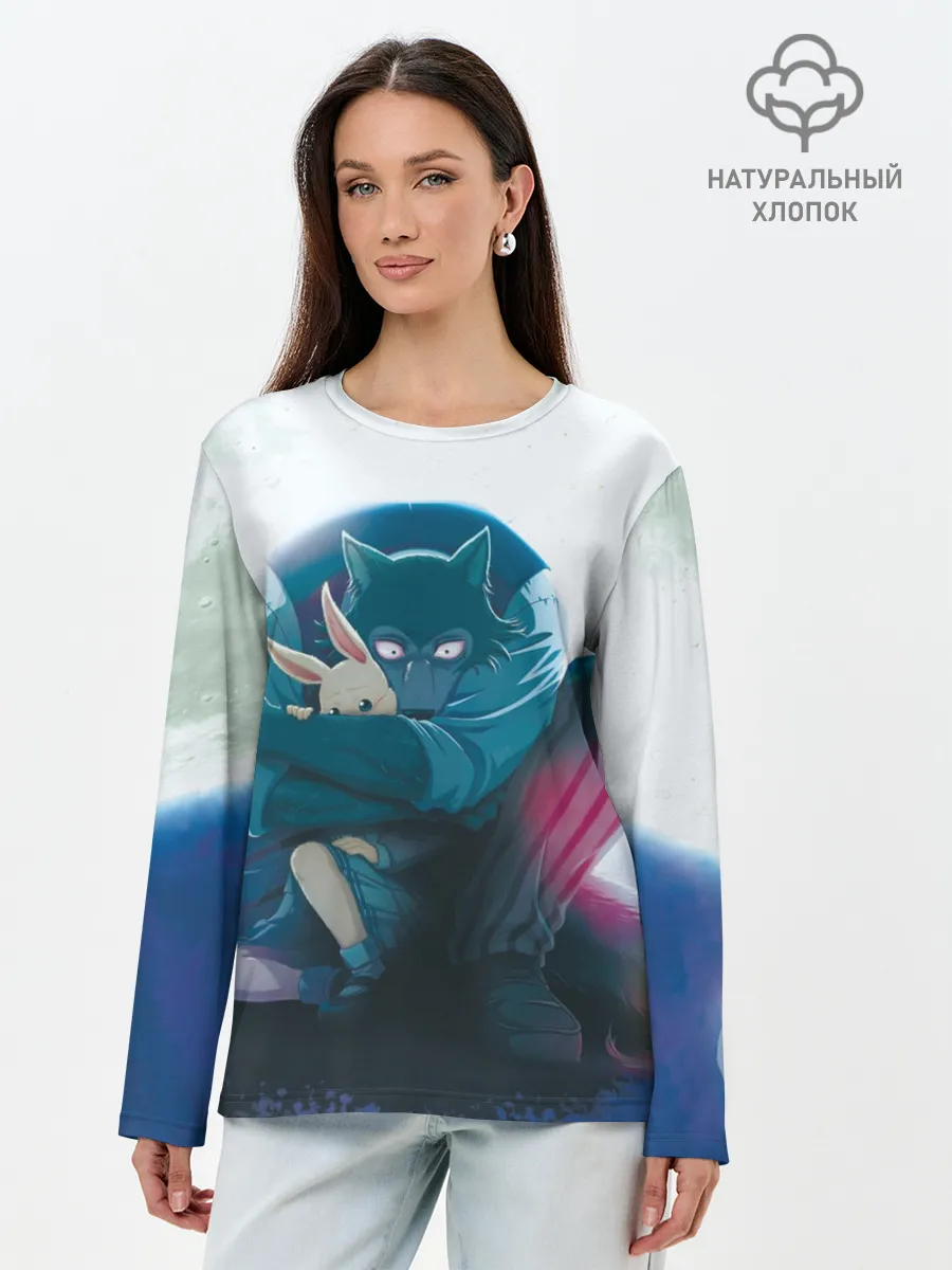 Лонгслив женский. Хлопок / Легоси Хару крупный принт