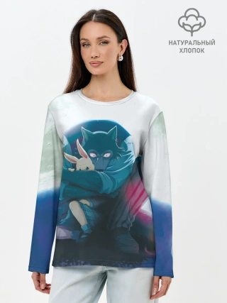 Лонгслив женский. Хлопок / Легоси Хару крупный принт