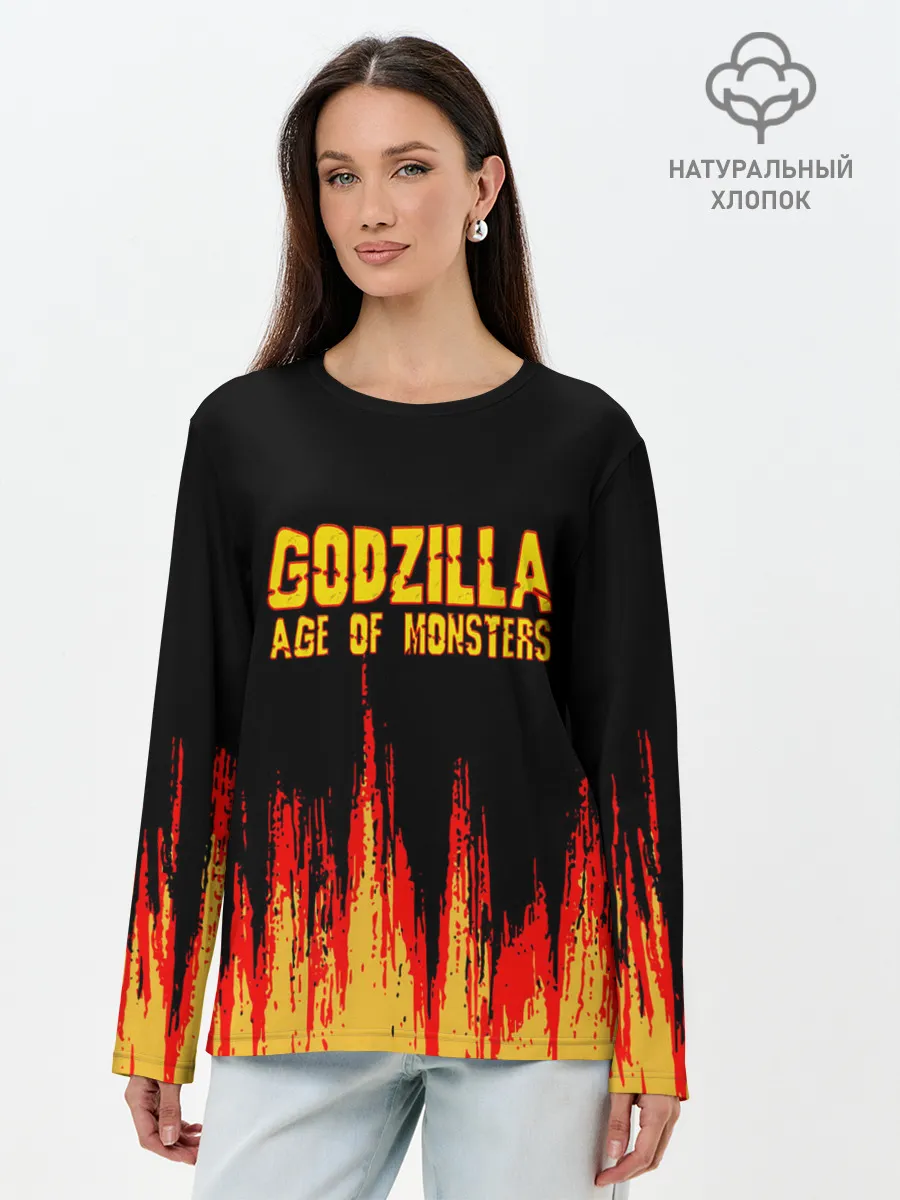 Лонгслив женский. Хлопок / годзилла