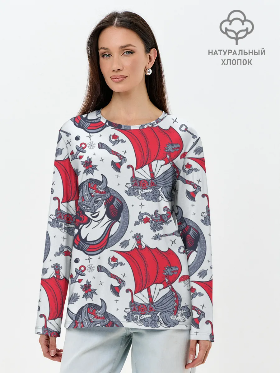 Лонгслив женский. Хлопок / Корабли и девушка викинг