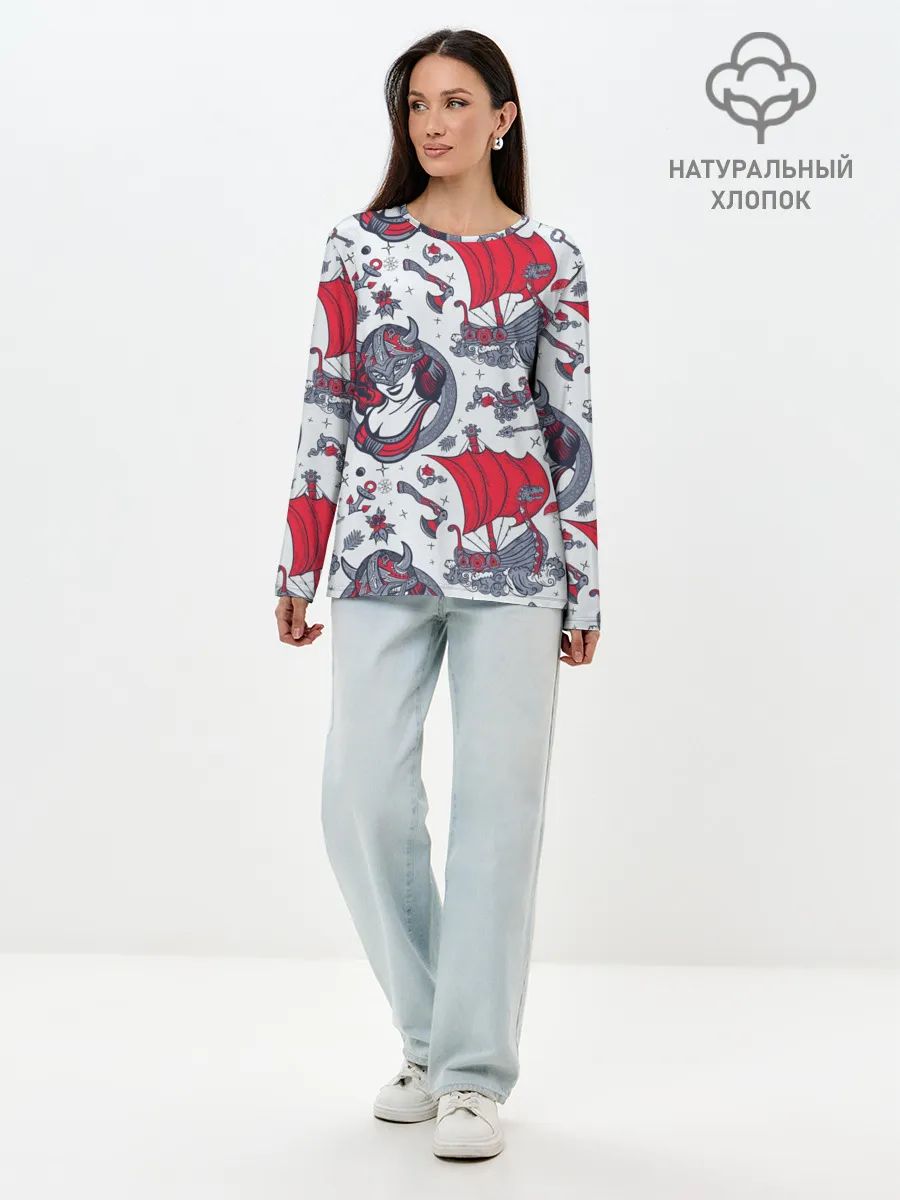 Лонгслив женский. Хлопок / Корабли и девушка викинг