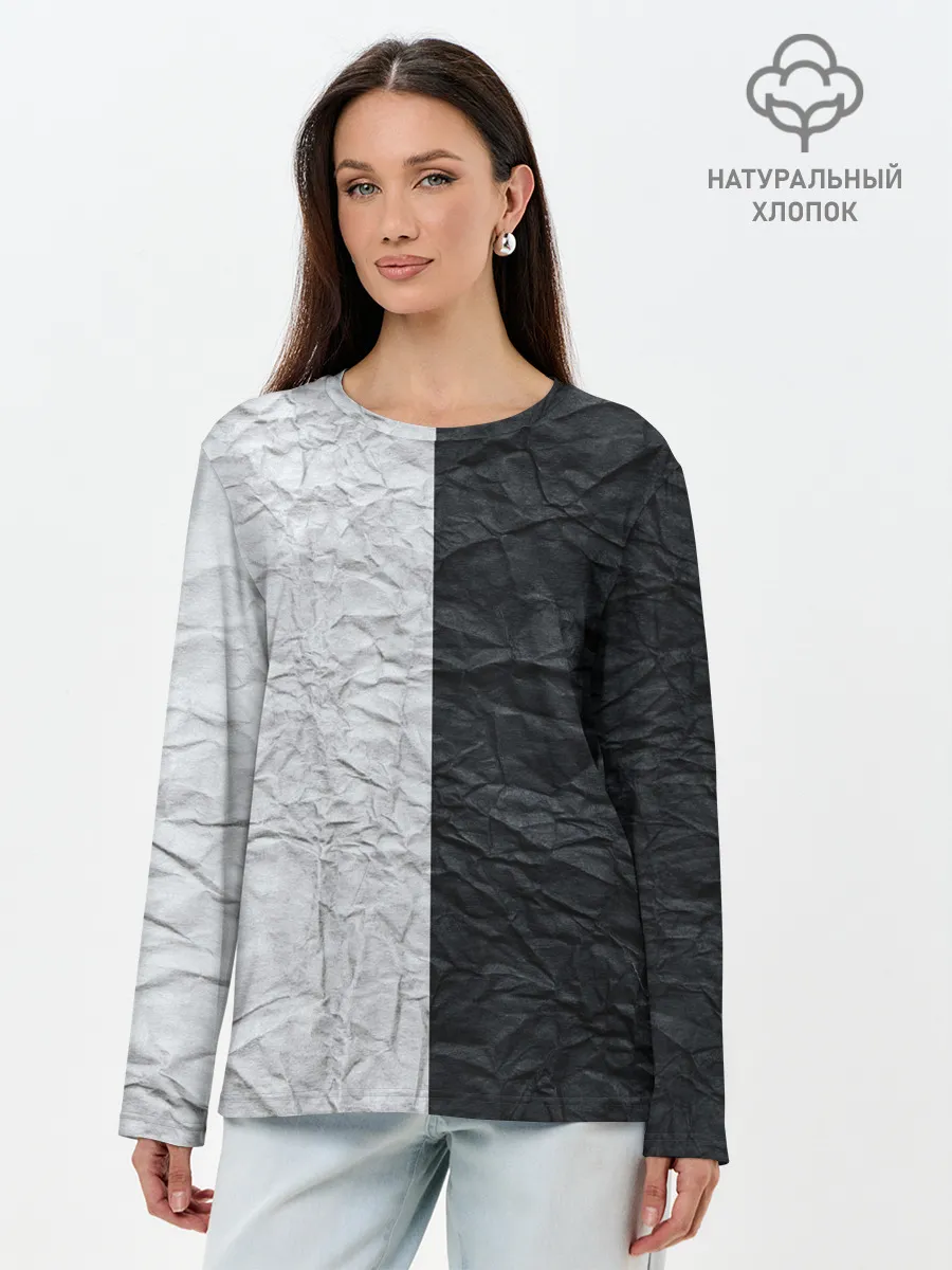 Лонгслив женский. Хлопок / Мятая Черно-Белая Бумага